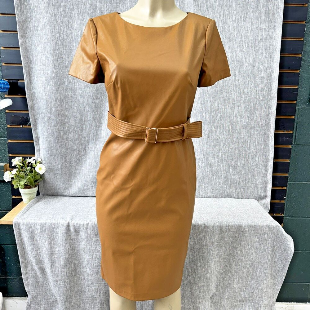 Calvin Klein Leather Sheath Dress Womens 8 Faux  Belted Brown Luggage Midi NWOT